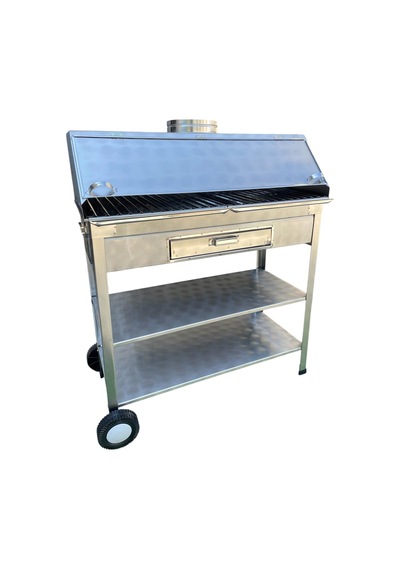 Paslanmaz Kömürlü Mangal Çekmeceli 40 X 90 Cm Bacalı Tekerlekli Barbekü Gri