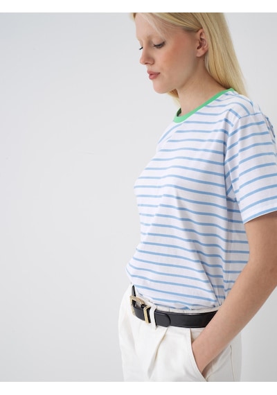 %100 Pamuk Oversize Çizgili Tişört 24yb02602335-06 Mavi