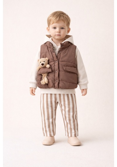 Harika Kids Erkek Bebek 3 Lü Takım 9-24 Ay Şişme Yelek %100 Pamuk Sweatshirt Gabardin Pantolon Kahverengi