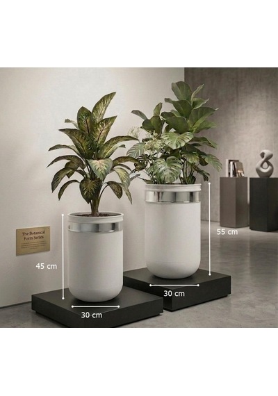 Dekoratif Glossia Beyaz Gümüş 55 Cm Ve 45 Cm İkili Saksı Set