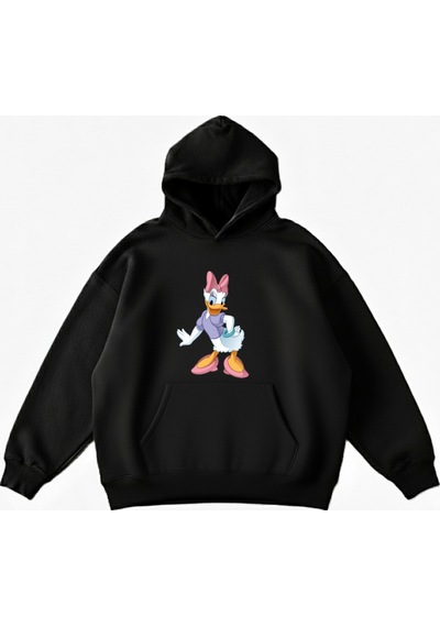 Maki Home Makiteks Siyah Pamuklu Unisex Kanguru Cepli Kapüşonlu Rahat Kesim Sevimli Ördek Baskılı Sweatshirt SiYAH