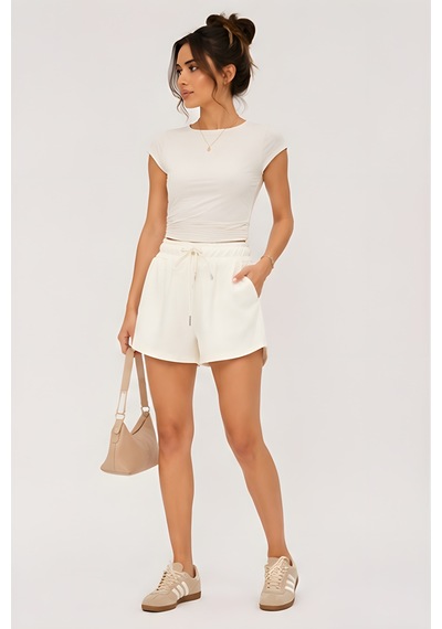 Lili Woman Kadın Ekru Beli Lastikli Şort Etek Bağcık Detaylı Minimal Fit K.4747