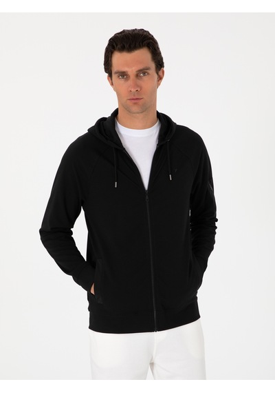 Siyah Regular Fit Tam Fermuarlı Kapüşonlu Sweatshirt