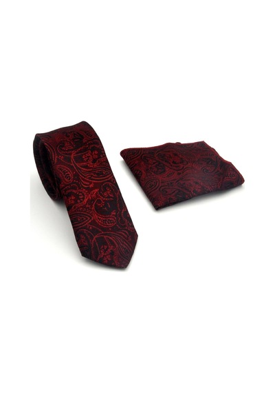 Gaffy Siyah Şal Desenli Kırmızı Dokuma Kumaş Mendilli Slim Fit Kravat // Sdk-2607-4 Kırmızı