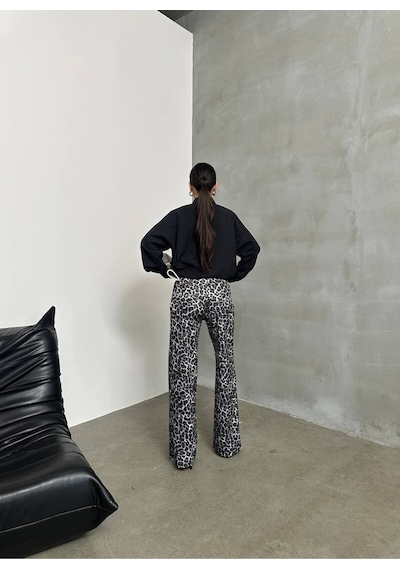 Premium Leopar Desenli Palazzo Pantolon Yüksek Bel, Oversize Siyah