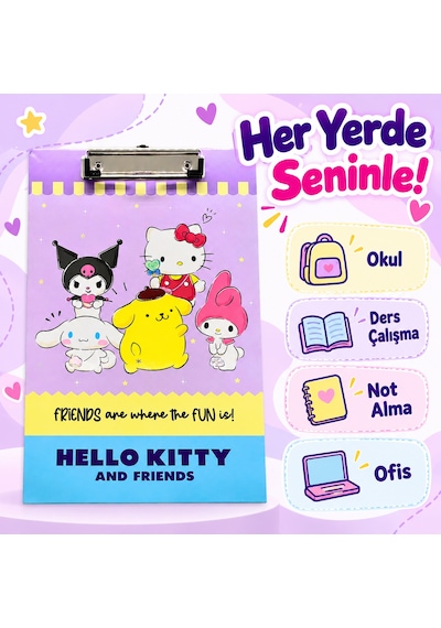 Bakgelal Hello Kitty Ve Arkadaşları Desenli Sekreterlik - Kuromi & Cinnamoroll Temalı Kıskaçlı A4 Evrak Dosyası / Panosu - 9058971616356