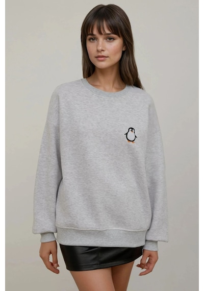 Hiccup Rahat Hayvan Nakışlı Şardonlu Bisiklet Yaka Hoodie Gri