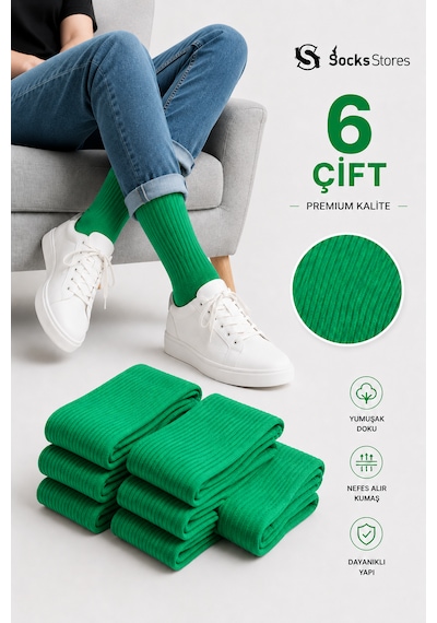 Socks Stores 6 Çift Unisex Renkli Pamuklu Soket Çorap - Renkli Tenis Boy Çorap Yeşil