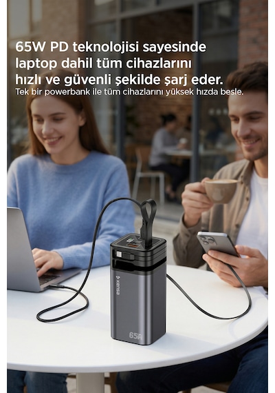 65w Pd Süper Hızlı 20.000mah Dahili Kablolu Taşınabilir Hızlı Şarj Aleti Powerbank siyah