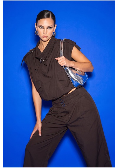 Fashion Cocktail Urban Metal Çift Tokalı Apoletli Büzgülü Bel Crop Dik Yaka Yüksek Bel Ve Kargo Cepli Baharlık Mevsimli Utilitarian Takım kahverengi Fashion Cocktail Urban Metal Çift Tokalı Apoletli Büzgülü Bel Crop Dik Yaka Yüksek Bel Ve Kargo Cepli Baharlık Mevsimli Utilitarian Takım kahverengi