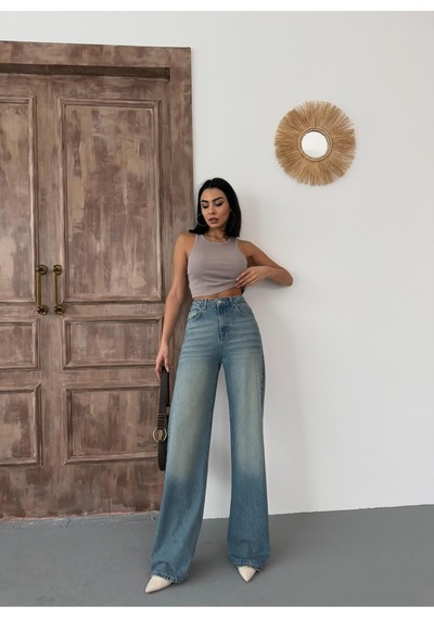 Kadın Wide-leg Yüksek Bel Geniş Paça Kot Pantolon Mavi Tint Mavi+tint
