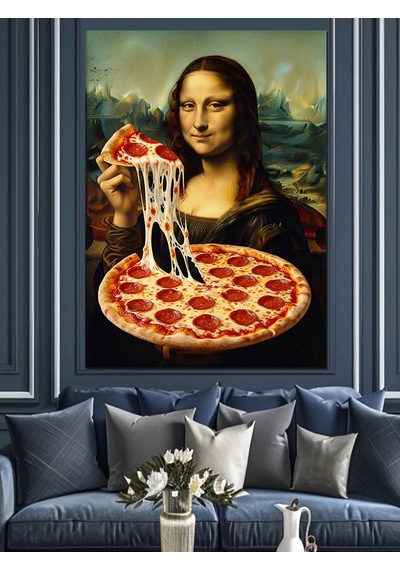 Pizza Yiyen Mona Lisa Portresi Dekoratif Kanvas - Mdf Ahşap Tablo