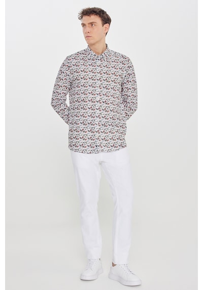AC&Co / Altınyıldız Classics Erkek Bej Yesıl %100 Pamuk Slim Fit Dar Kesim Düğmeli Yaka Baskılı Gömlek Çok Renkli