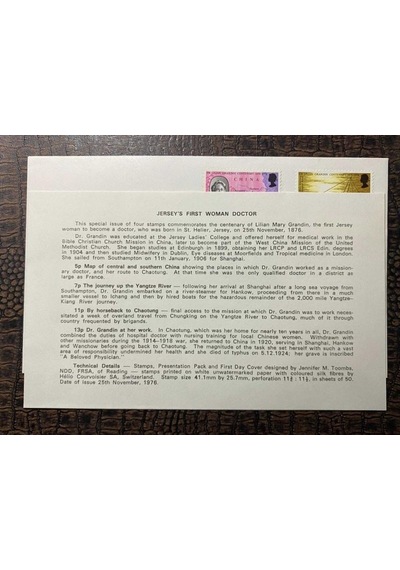 İngiliz Sömürge İngiltere İlk Gün Zarfı Ve Pulları Fdc Jersey'in İlk Kadın Doktoru Temalı Damgalı Tam Seri Jersey 1976, Dr Lilian Grandin'in Yıldönümü