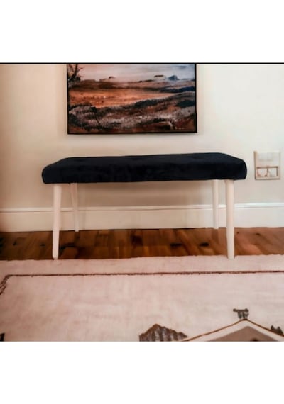 Ahşap Ayaklı Handmade Geniş Oturum Alanlı Siyah Welsoft Kumaş Pofidik Puf Bench ,ayak Ucu Uzatmalık Siyah