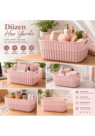 Selka Home Orta Boy 3 Lü Örgü Desenli Saklama Sepeti Pembe