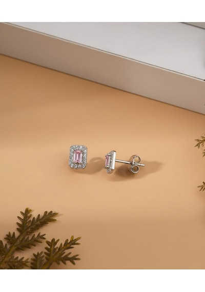 925 Ayar Rodyum Baget Kesim Pembe Taşlı Minimal Günlük Gümüş Küpe Gümüş