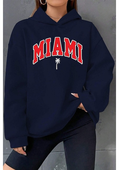 Uyguntarz Miami Baskılı Oversize Sweatshirt Lacivert