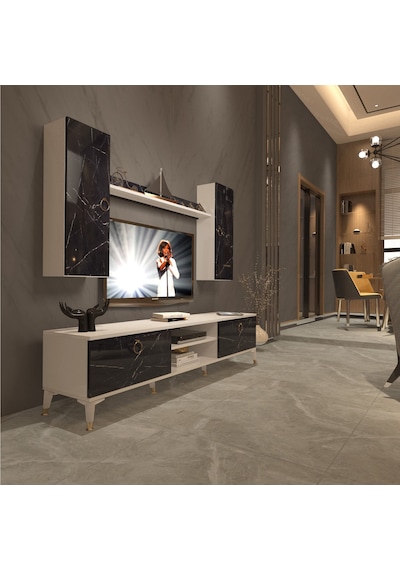 Decoraktiv Eko 7 Mdf Dvd Gold Tv Ünitesi Tv Sehpası Beyaz - Siyah Mermer