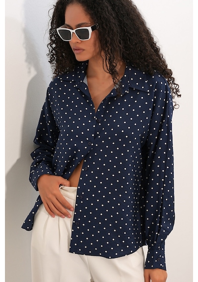 Bigdart Kadın Oversize Puantiyeli Gömlek 20392 - Lacivert Lacıvert