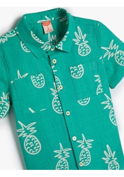Gömlek Kısa Kollu Ananas Baskılı Cep Detaylı Acı Kahve