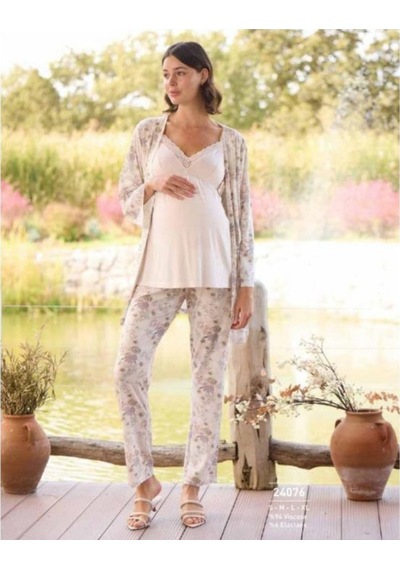 Monamise 24076 Çiçek Desenli Hamile Lohusa 3 Lü Pijama Sabahlık Tk 001