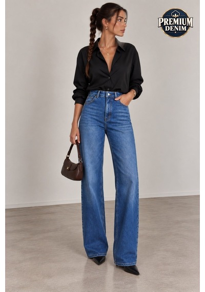 Vadon 1055 Kadın Yüksek Bel Kar Yıkamalı Wide Leg Geniş Paça Jean Pantolon Koyu Mavi