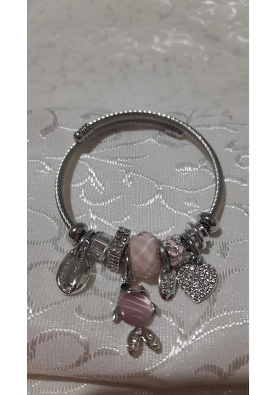 Uzel Çelik Bileklik Gümüş Silver Model Pembe, Balık Char...