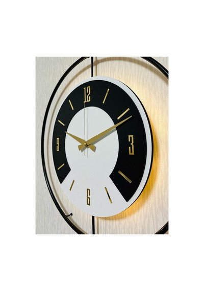 Pey Aksesuar 50x70 Cm Metal Ahşap Ve Işığın Muhteşem Uyumu Duvar Saati Dekoratif Ahşap-m54-siyah-beyaz-siyah-gold