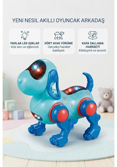 Yürüyen Robot Müzik Ve Işıklı 16 Cm Sallanan Kafalı Gerçekçi Haraketli Eğlenceli Oyuncak Köpek Turkuaz