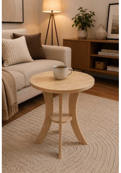 Fiskos Meşe Yan Sehpa Mdf Ayak 50 Cm Çap - 60 Cm Yükseklik Modern Zigon Yan Sehpa Meşe