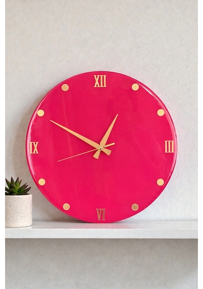 Dekoratif Epoksi Duvar Saati 40 Cm, Fuşya Pembe Modern Tasarım, Altın Detaylı, Sessiz Mekanizma, Yeni Ev Hediyesi Pembe