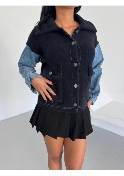 Konus Femme Denim Kol Detaylı Kontrast Ceket Güçlü Stil, Net Duruş - Siyah