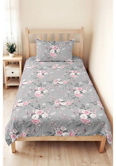 Gri Çiçekli Genç Odası Tek Kişilik Pike Takımı - Pembe Modern Gül 160x220 Cm Kapitone Yatak Örtüsü Hafif Defne Kırıntısı