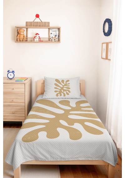 Bej Yaprak Minimal Genç Odası Tek Kişilik Pike Takımı - Bohem 160x220 Cm Kapitone Yatak Örtüsü Gizli Sükunet Sükuneti