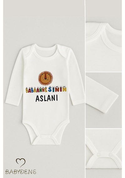 Babyden's Babannesinin Aslanı Uzun Kollu Bebek Body %100 Pamuk Unisex Zıbın Body Beyaz