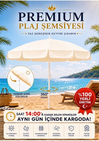 Plaj Şemsiyesi , Güneş Ve Balkon Şemsiyesi 180 Cm - 8 Telli Krem Renk Kalın Kumaş