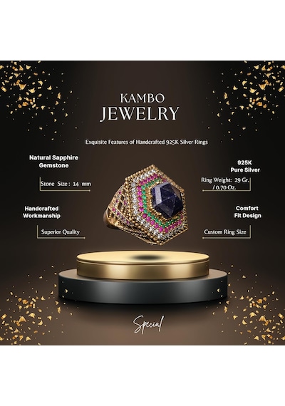 Gerçek Doğal Safir Taşlı Yüzük, 12.35 Karat, Gümüş Unisex Hurrem Sultan Yüzüğü Gümüş