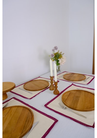 Yakacihome 4'lü Terra Duck Keten Fisto Dantel Biyeli Otantik Supla Amerikan Servis 35x50 Cm Bordo - Krem