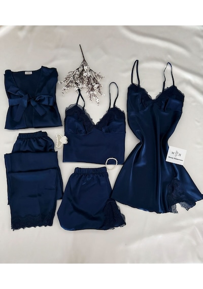 Mh Moony Homewears Kutulu 5'li Lavicert Valide Saten Pijama Gecelik Sabahlık Çeyiz Seti Lacivert