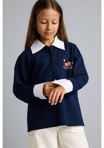 Defacto Regular Fıt Polo Yaka Slogan Baskılı Sweatshirt Kumaşı Uzun Kollu Polo Tişört Kız Çocuk I1642a826aunv244 Lacivert-nv244