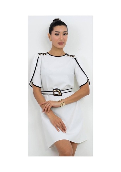 Dorne Moda Kemer Detaylı Mini Elbise Beyaz Beyaz
