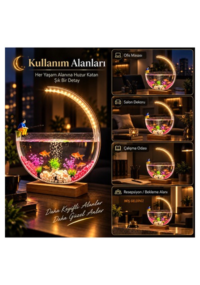 Led Işıklı Dekoratif Masaüstü Akvaryum Yarım Ay Tasarım Hava Kabarcıklı Balık