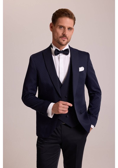 Ysf Erkek Lacivert Kırlangıç Yaka Yelekli Desenli Slim Fit Damatlık