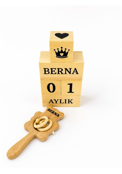 Kişiye Özel İsimli Bebek Çıngırak - Bebek Anı Küpü Tekstil Boyalı-%100 Doğal Organik Ahşap Set - Hediyelik - Yeni Doğan-