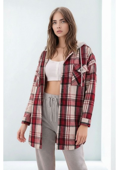 Mamayaga Kadın Desen Bloklu Oduncu Oversize Geniş Kalıp Casual Cepli Kapüşonlu Uzun Boy Ceket Gömlek Kırmızı Mamayaga Kadın Desen Bloklu Oduncu Oversize Geniş Kalıp Casual Cepli Kapüşonlu Uzun Boy Ceket Gömlek Kırmızı