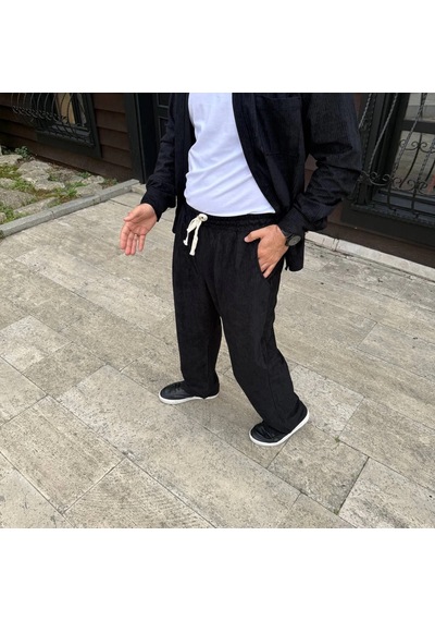 Primemağazam Erkek Fitilli Kadife Cepli Buggy Pantolon Oversize Rahat Kalıp - Siyah Çeşitli