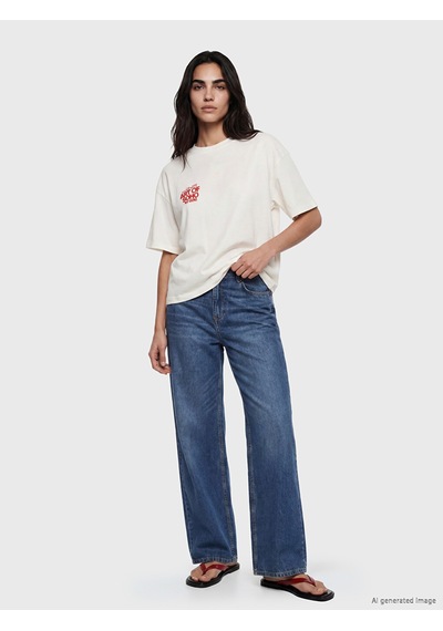 Lcw Vision Ekru Nyc Baskılı Oversize %100 Pamuklu Kadın Tişört