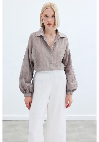 Sateen Nakış Detaylı Kraşlı Gömlek - Vizon-136257 Vizon