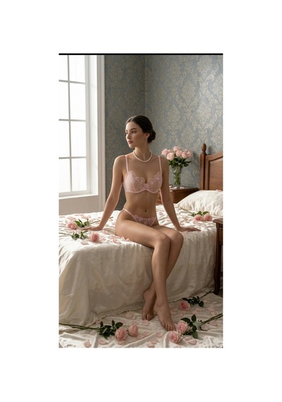 Loveria Pembe Nakışlı Dantelli İp Askılı Kapsız İç Çamaşırı Takım Pembe Pembe